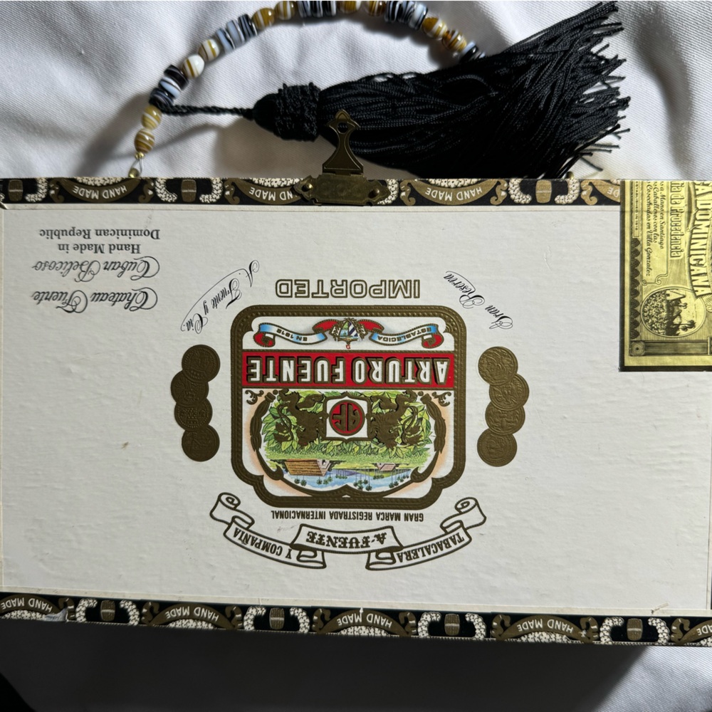 Vintage Arturo Fuente Cigar Box purse with beaded top handle and tassel